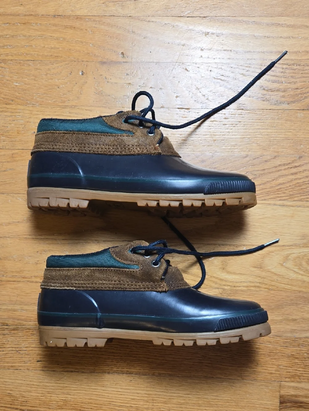 Vintage Bass Ontario navy blue/green/brown fleece insole short Duck rain boots